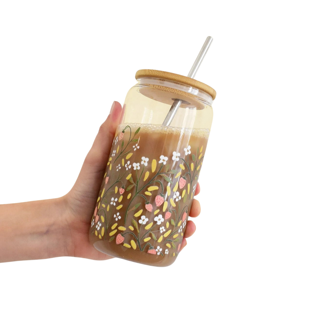 Strawberry Meadow Glass Can
