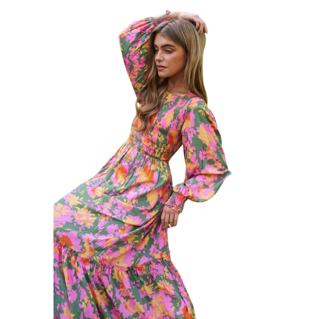 fitted lace wedding dress Smocked Bodice Long Balloon Sleeve Maxi Dress – Golden Hour Gift Co