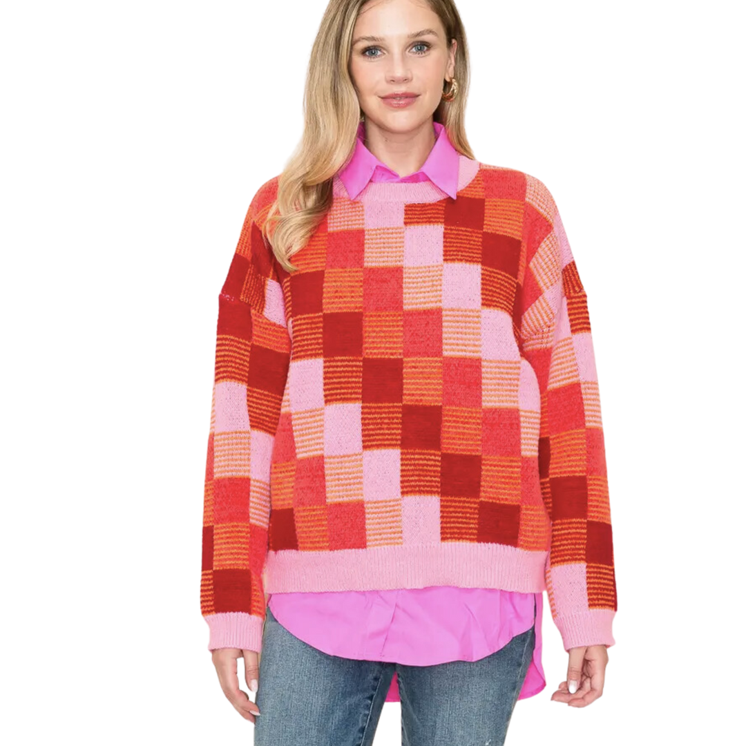 Red & Pink Checkered Sweater