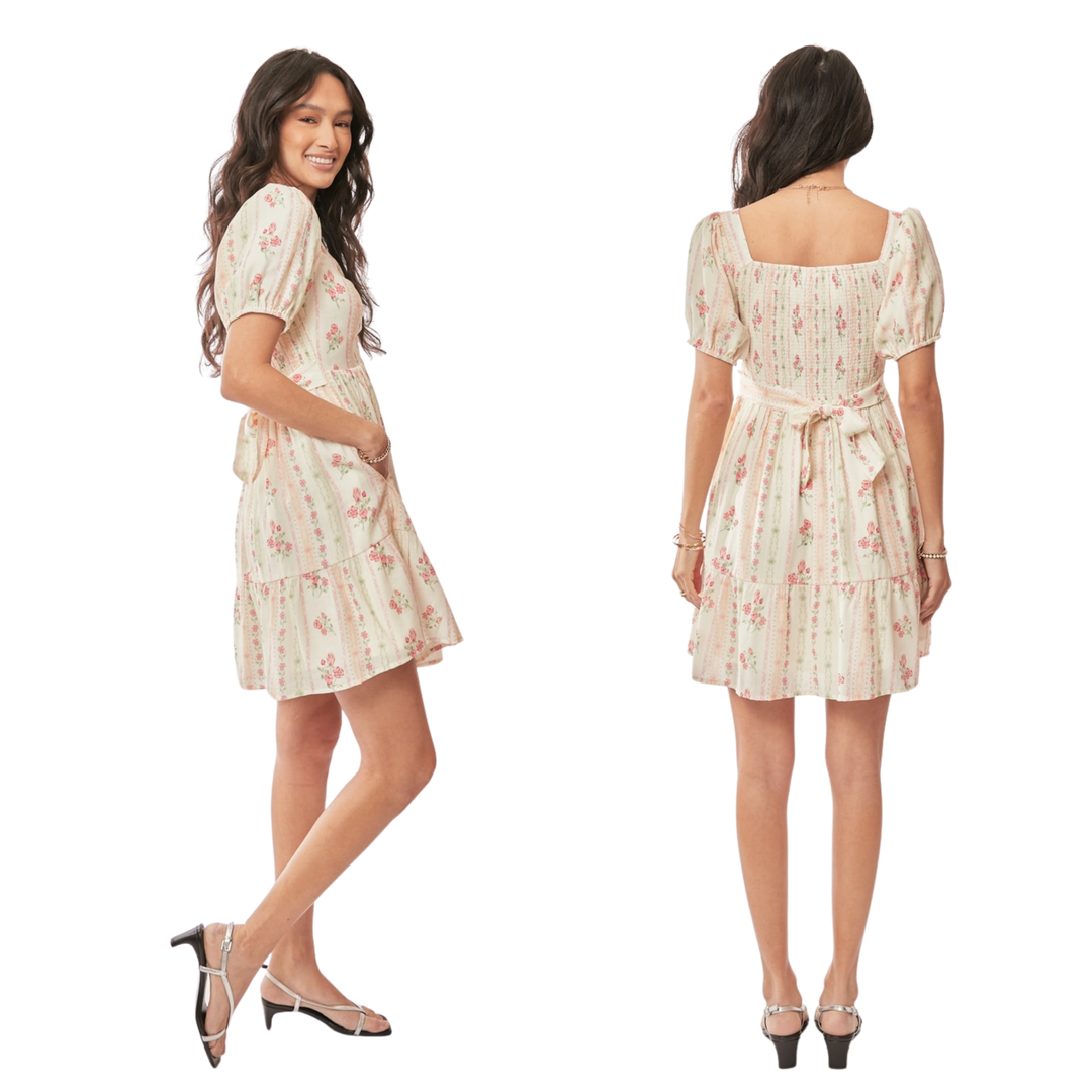 Floral Short Balloon Sleeve Pocket Mini Dress