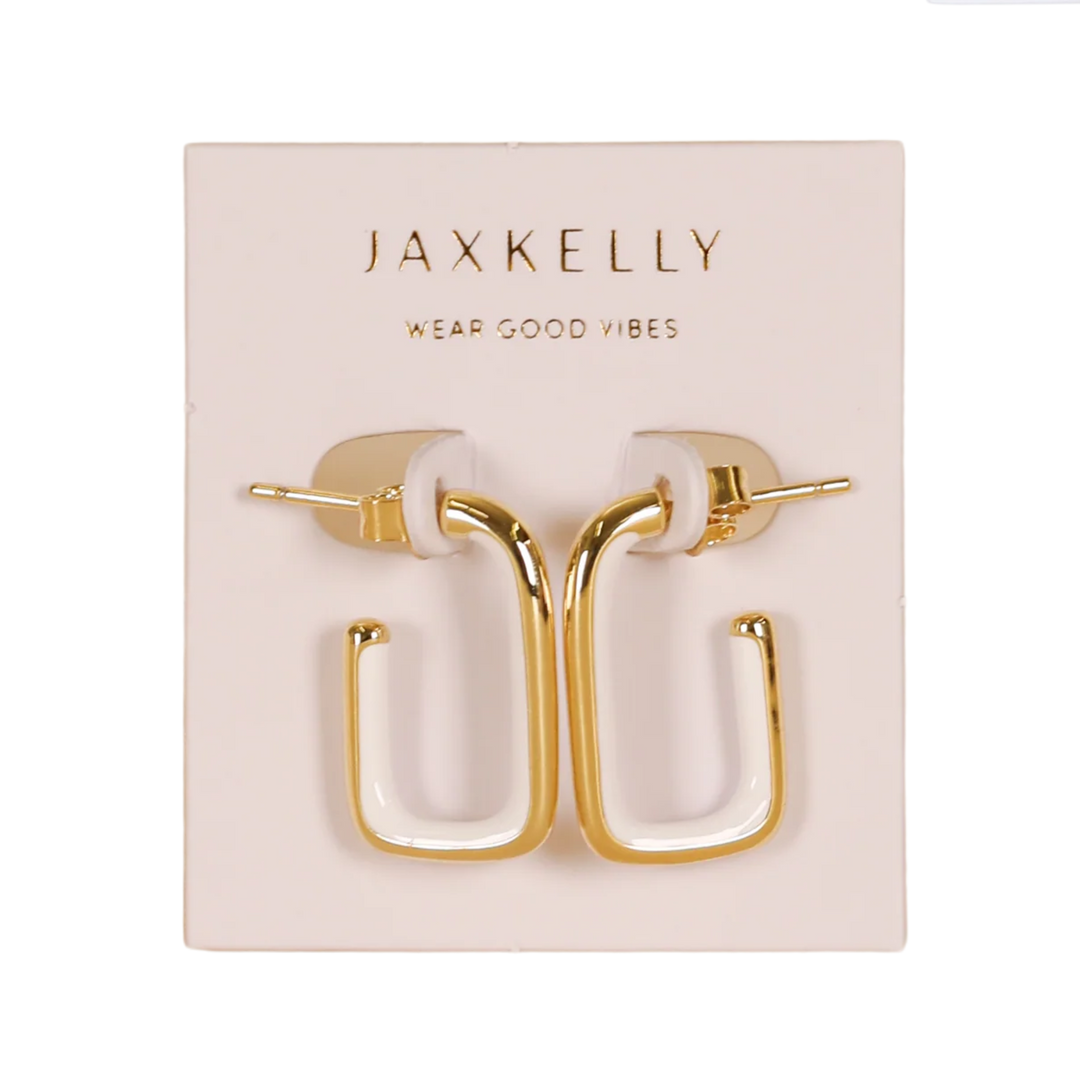 White Enamel Large Rectangle Gold Hoop Earrings