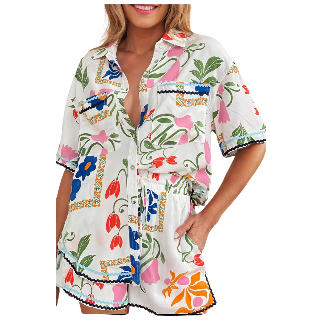 Floral Short Sleeve Shirt and Shorts Outfit