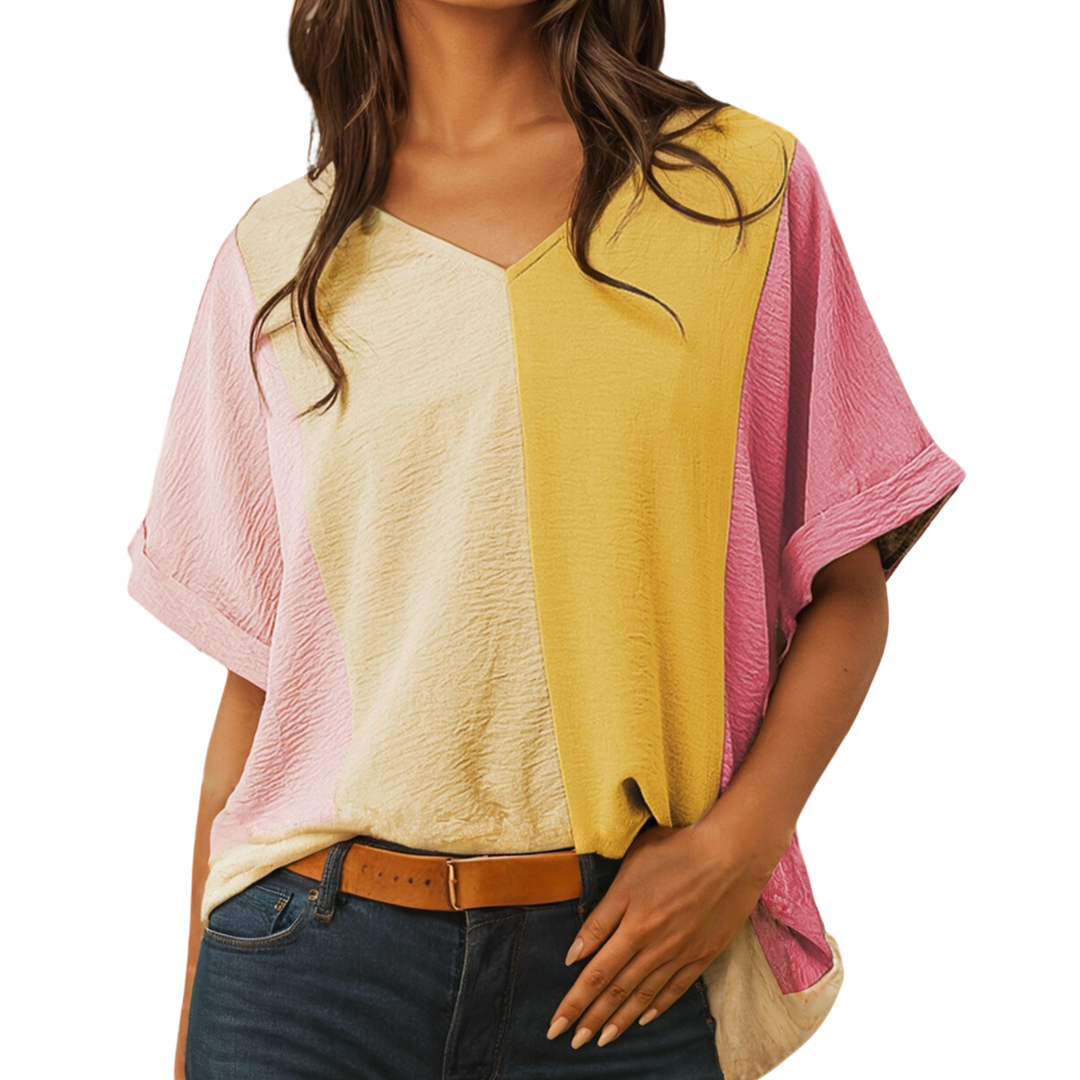 Colorblock Patchwork Crinkle Blouse