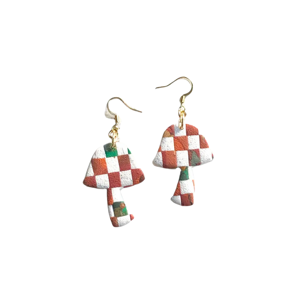 Orange Checkerboard Mushroom Dangle Earrings