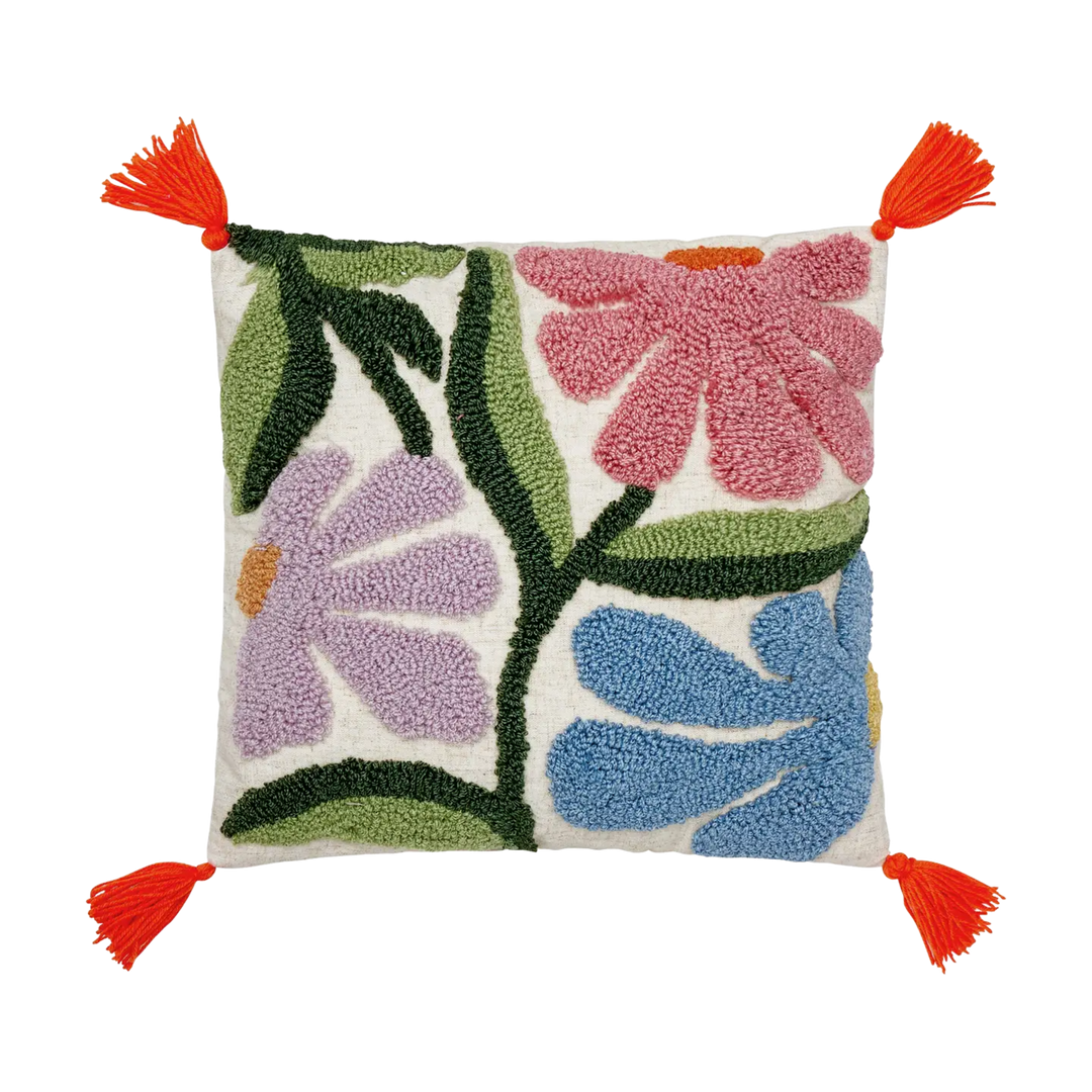 Wavy Floral with Tassels Tufted Pillow
