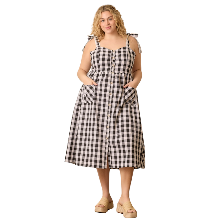 Gingham Sleeve Tie Midi Dress