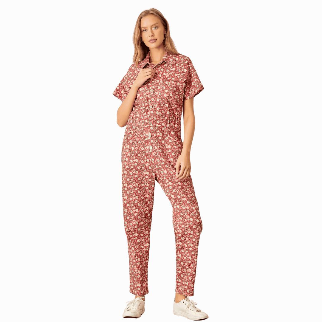 Floral Denim Jumpsuit - Brick