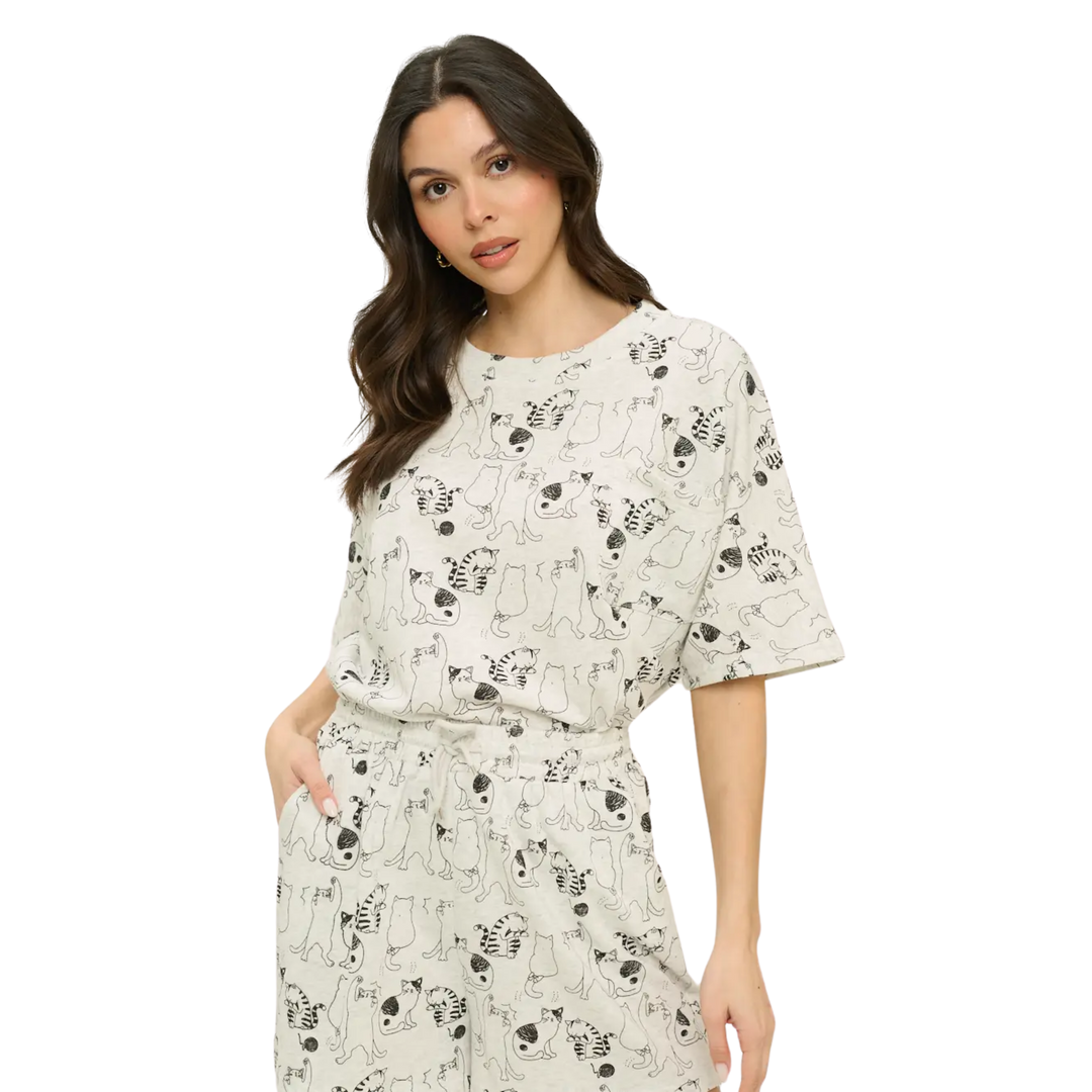 All Over Cat Print Relaxed Fit T-Shirt