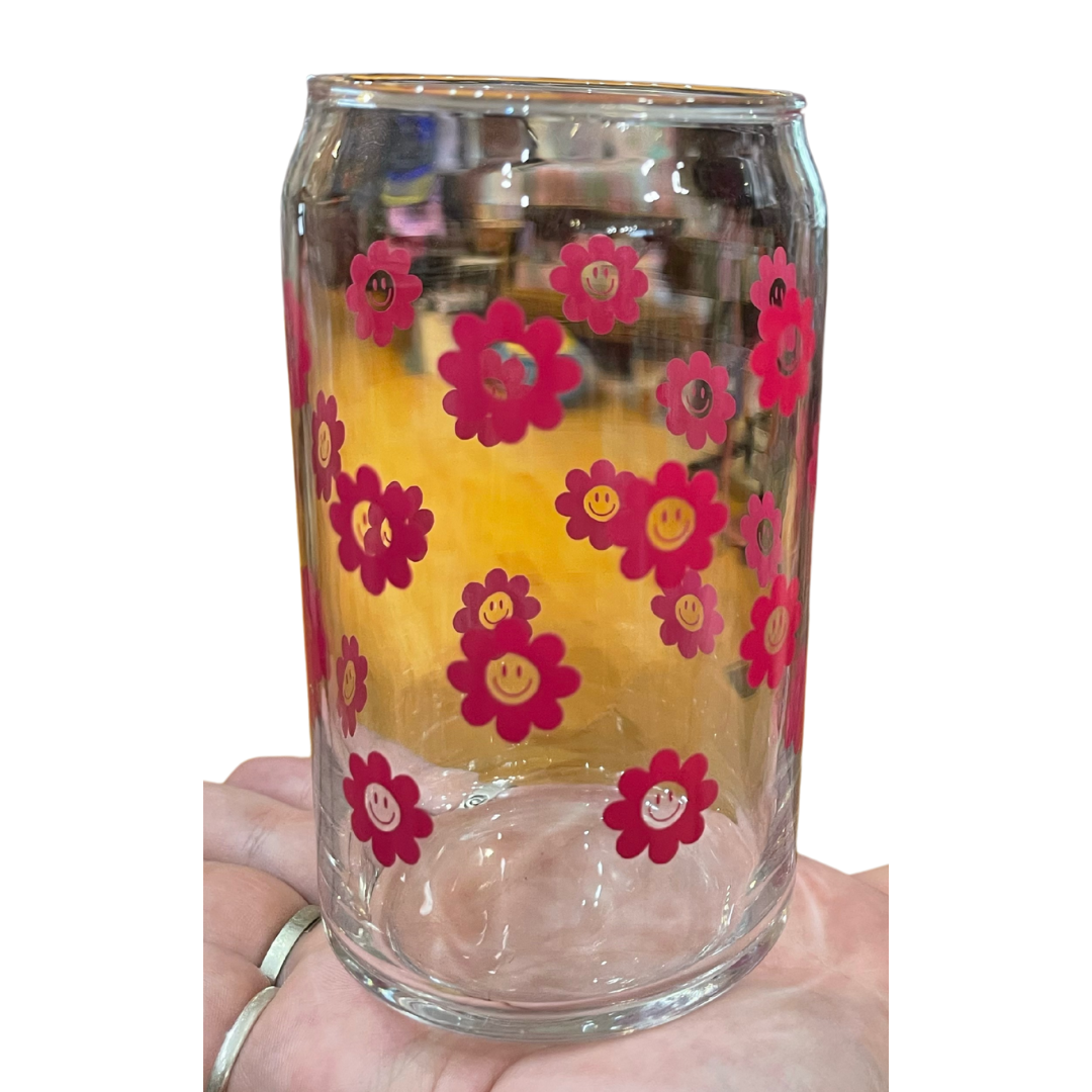 Bold Smiley Flower Glass Can - 16 oz