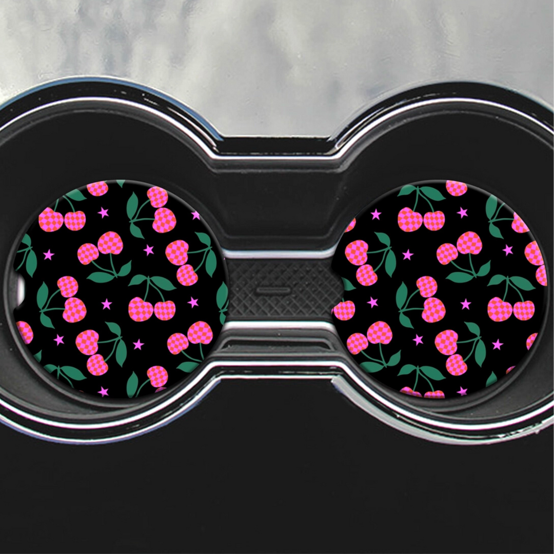 2 Car Coasters, Checkered Cherry Design