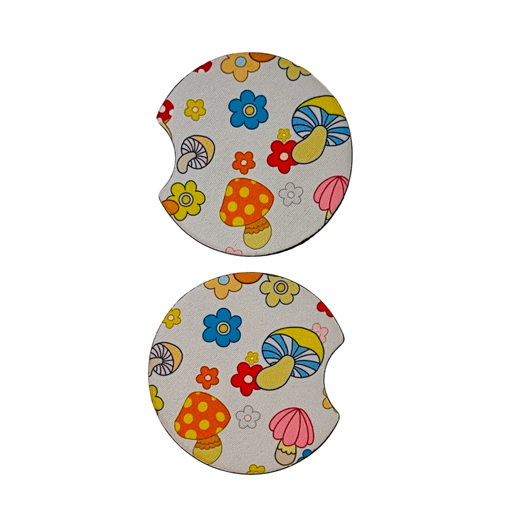 2 Car Coasters, 70s Creamy Shroom Design