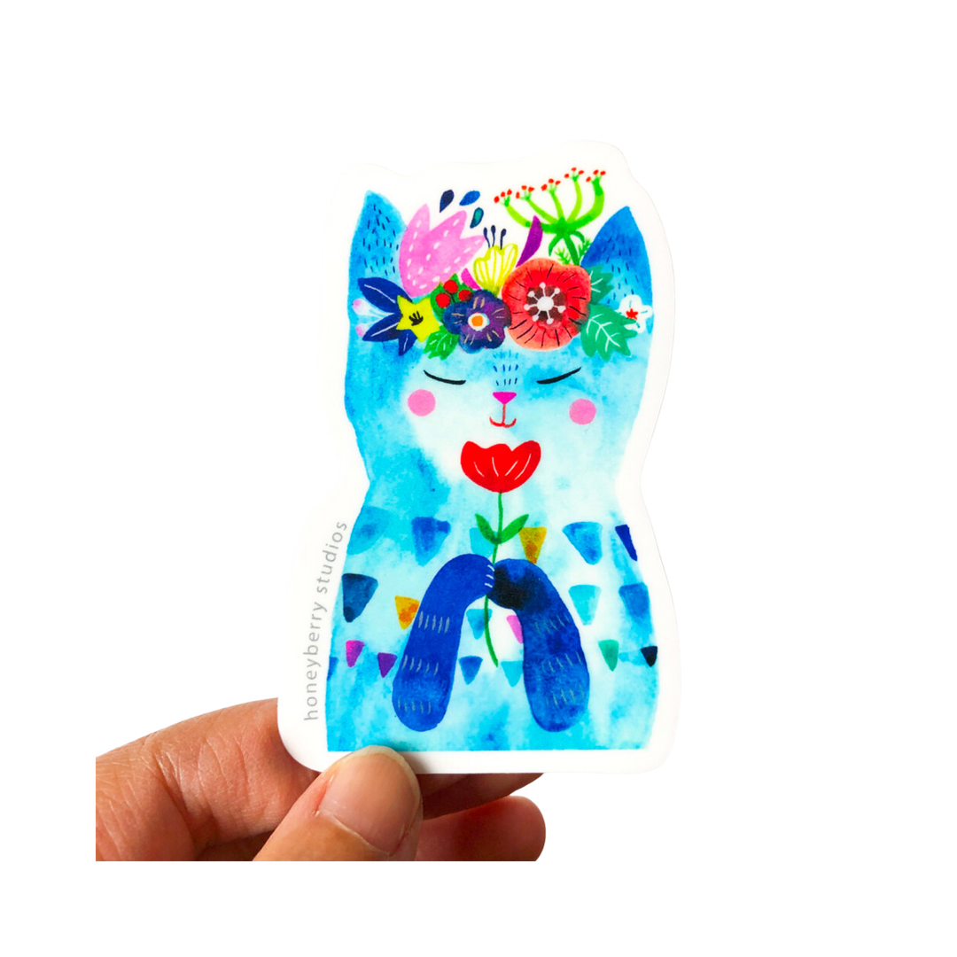 Blue Flower Kitty Vinyl Sticker