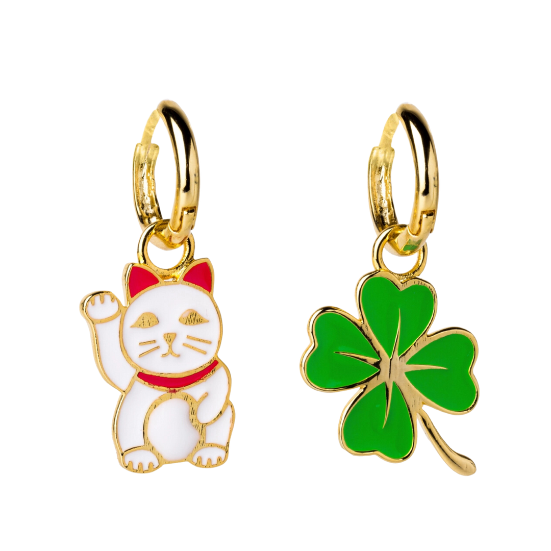 Lucky Cat & Clover Hoop Earrings