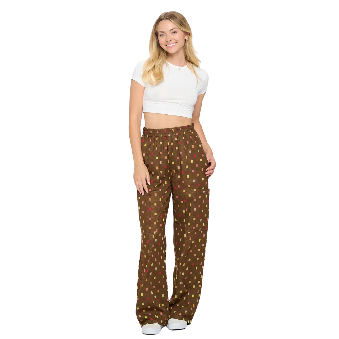 Polka Square Print Cotton Pants - Brown