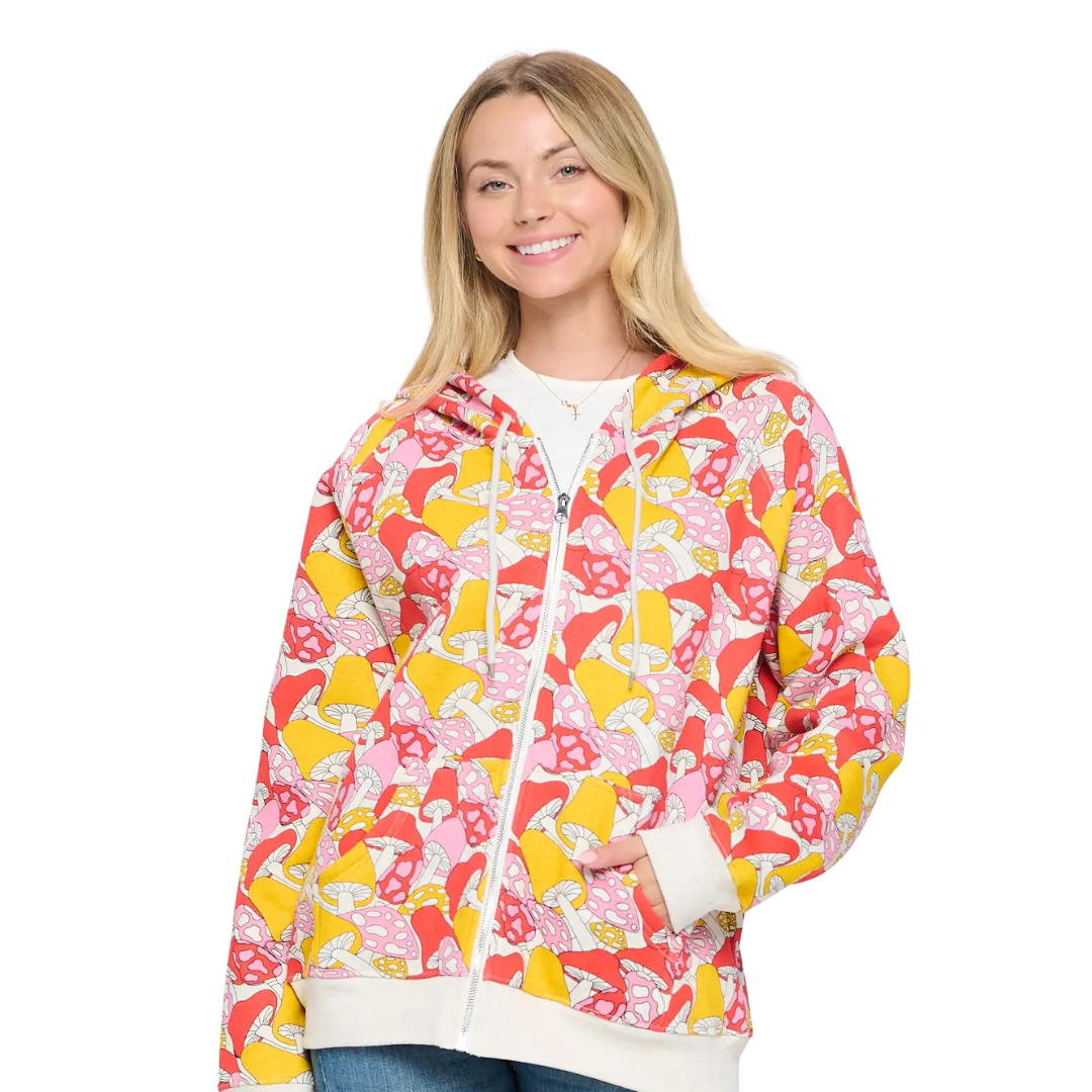 Wild Mushroom Print Zip Up Hoodie