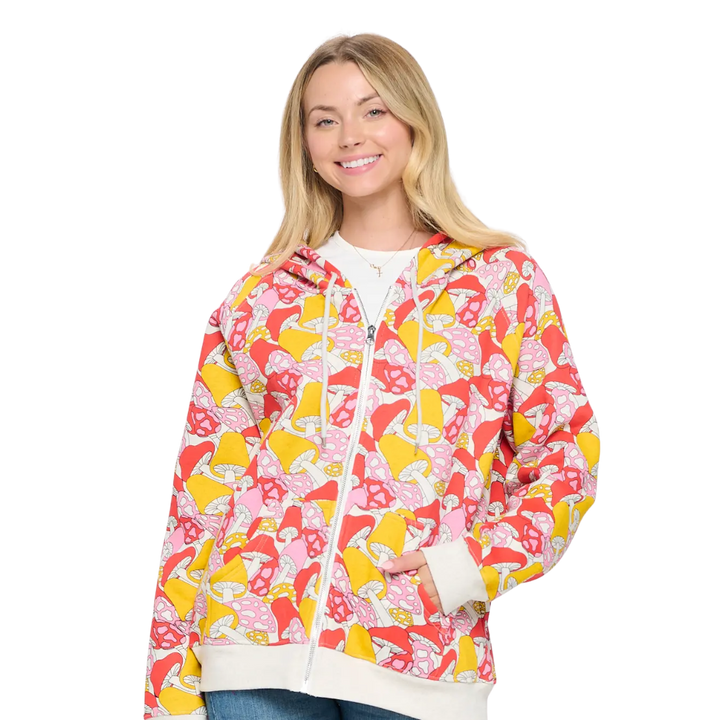 Wild Mushroom Print Zip Up Hoodie
