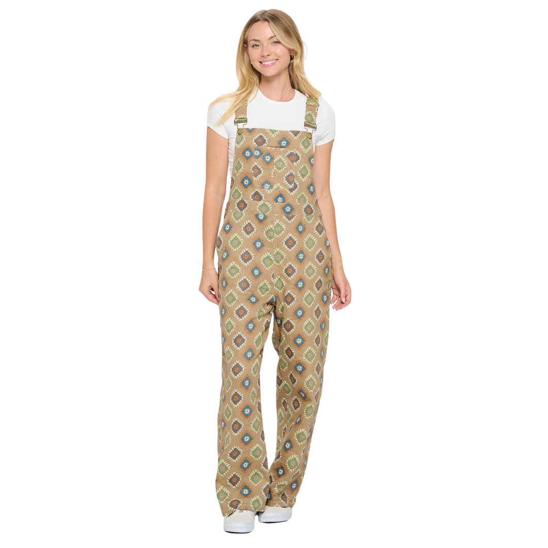 Diamond Floral Print Cotton Overalls - Beige