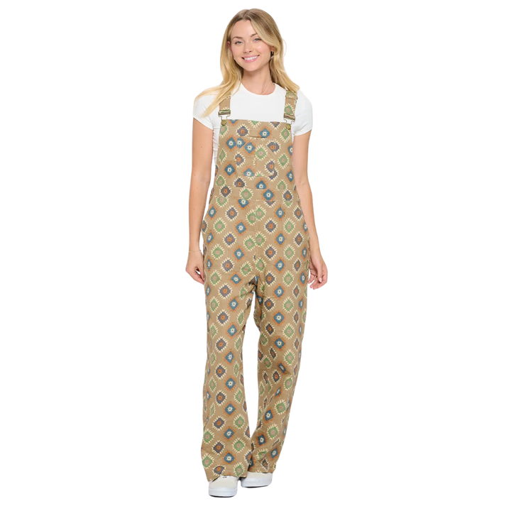Diamond Floral Print Cotton Overalls - Beige