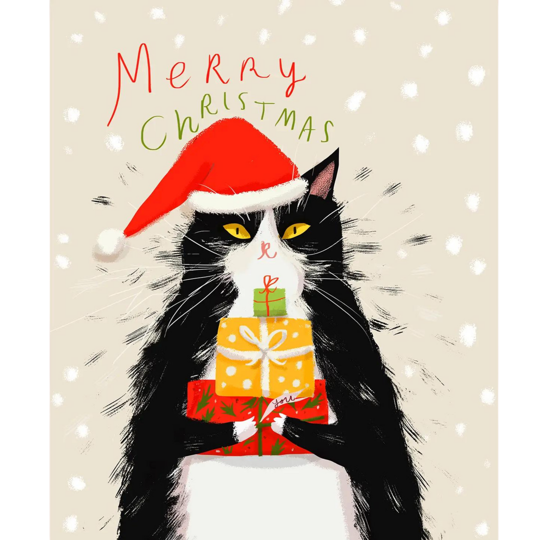 Merry Christmas Cat Santa Hat Holding Gift