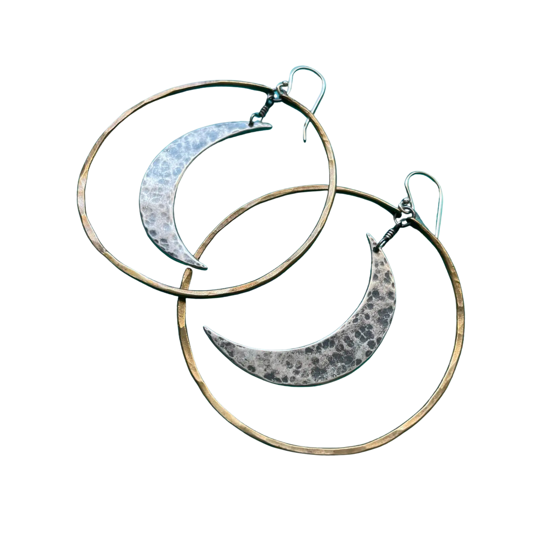 XL Silver Crescent Moons in Large Brass Hoops