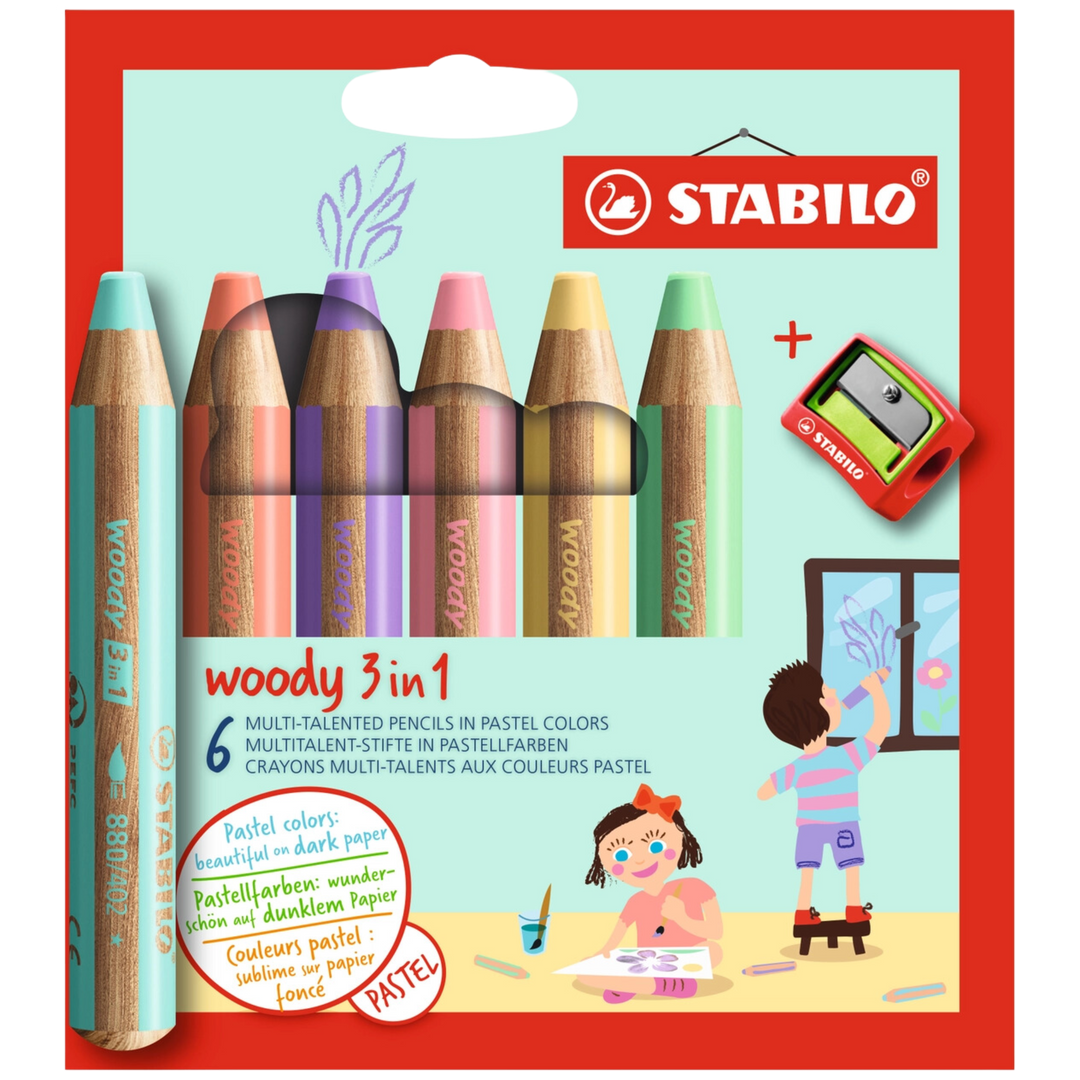 Stabilo Woody 3-in-1, 6 Color Pastel Set with Sharpener