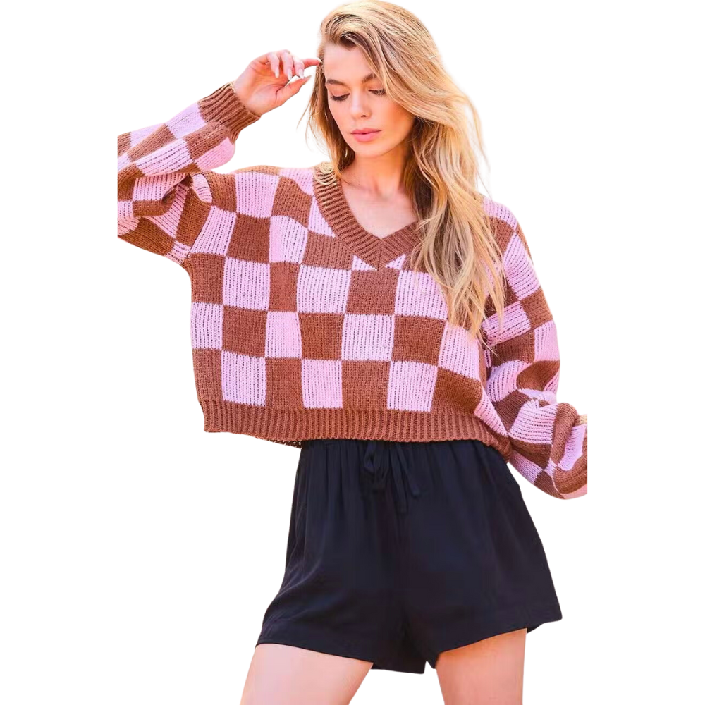 Checkerboard V-Neck Crop Sweater -Brown/Pink