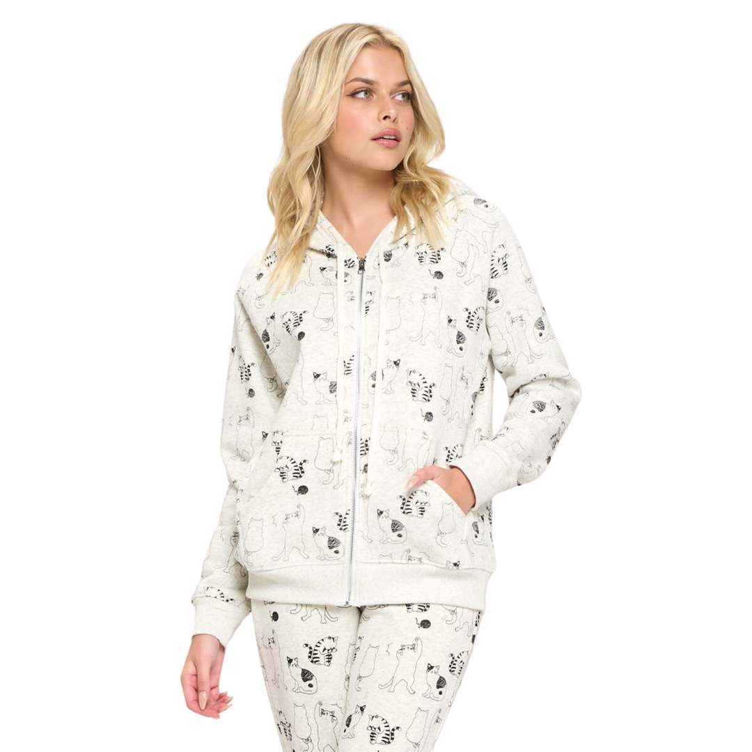 All Over Cat Print Zip-Up Hoodie