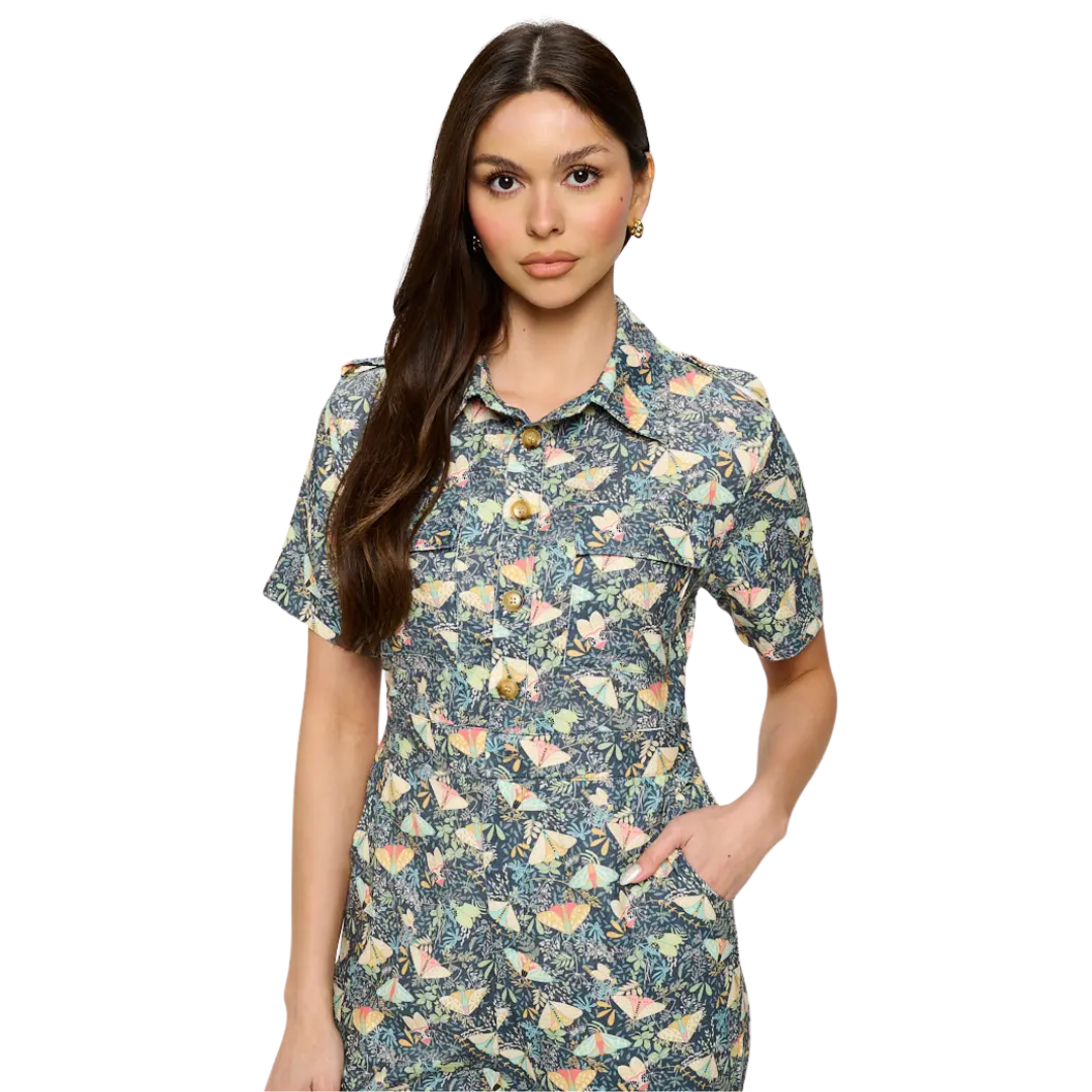 Moth Print Corduroy Overall Jumpsuit