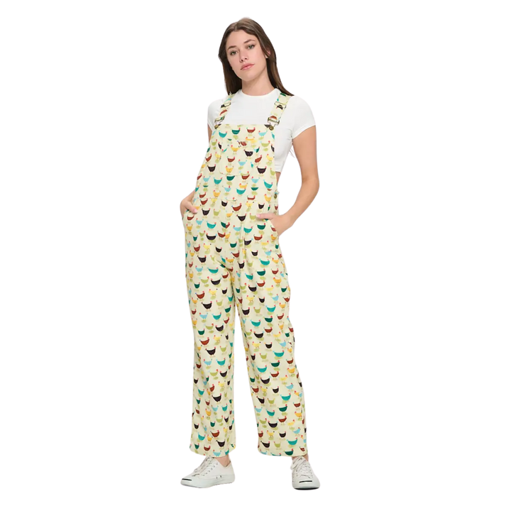Colorful Rooster Print Cotton Overall