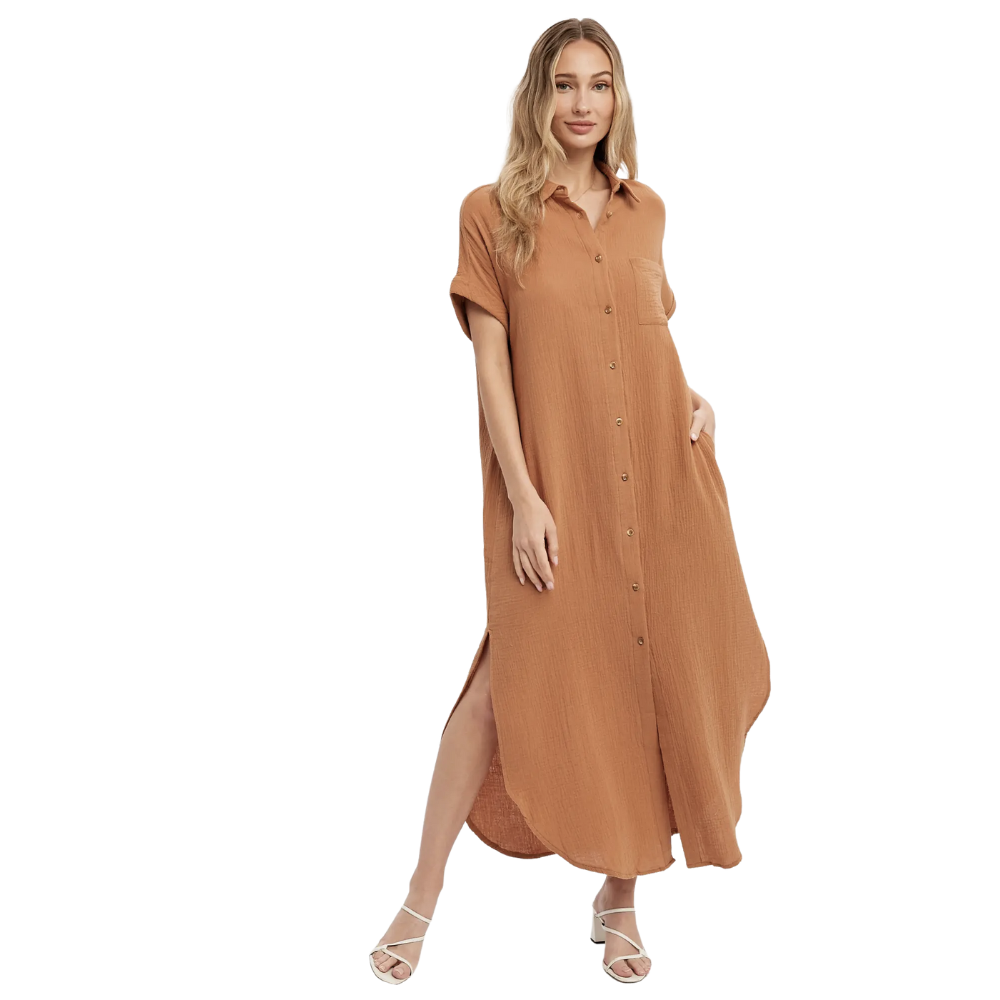 brown maxi shirt dress Button Up Maxi Shirt Dress