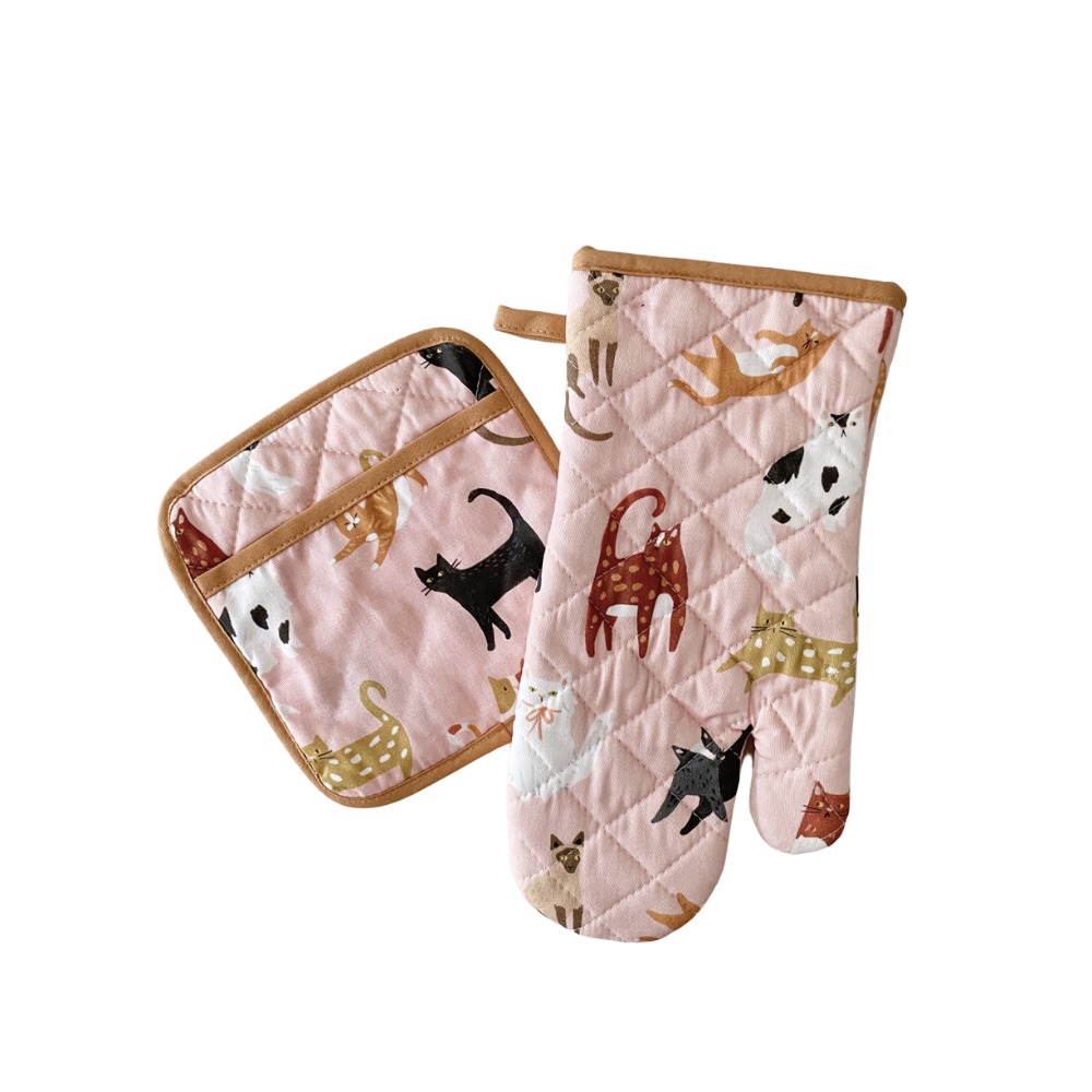 Cats Oven Mitt + Pot Holder Set
