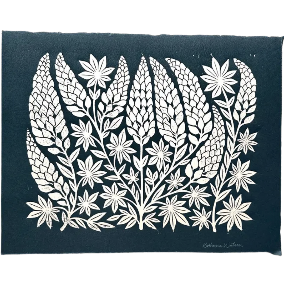 Hand Block Printed Gold Lupines Art Print, No. 2583