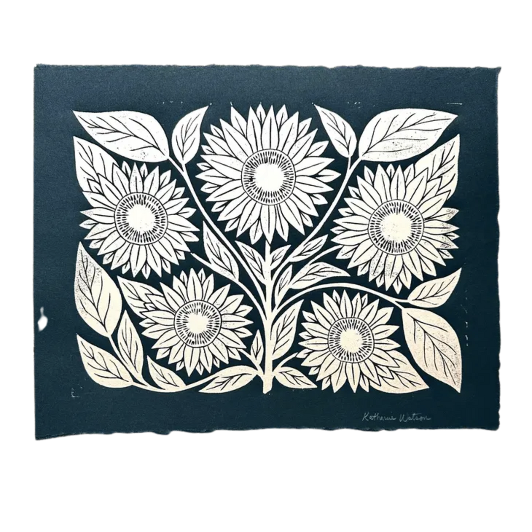 Hand Block Printed Gold Sunflowers Art Print, No. 2592