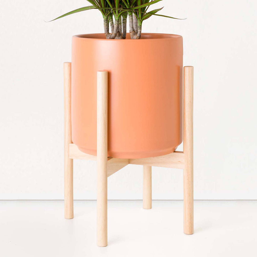 Ceramic Planter with Wood Plant Stand Natural Wood Stain