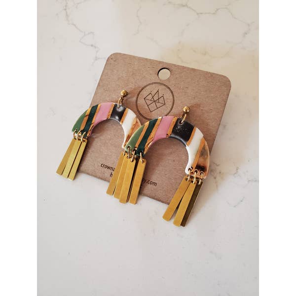 Striped Arch Brass Tassel Earrings