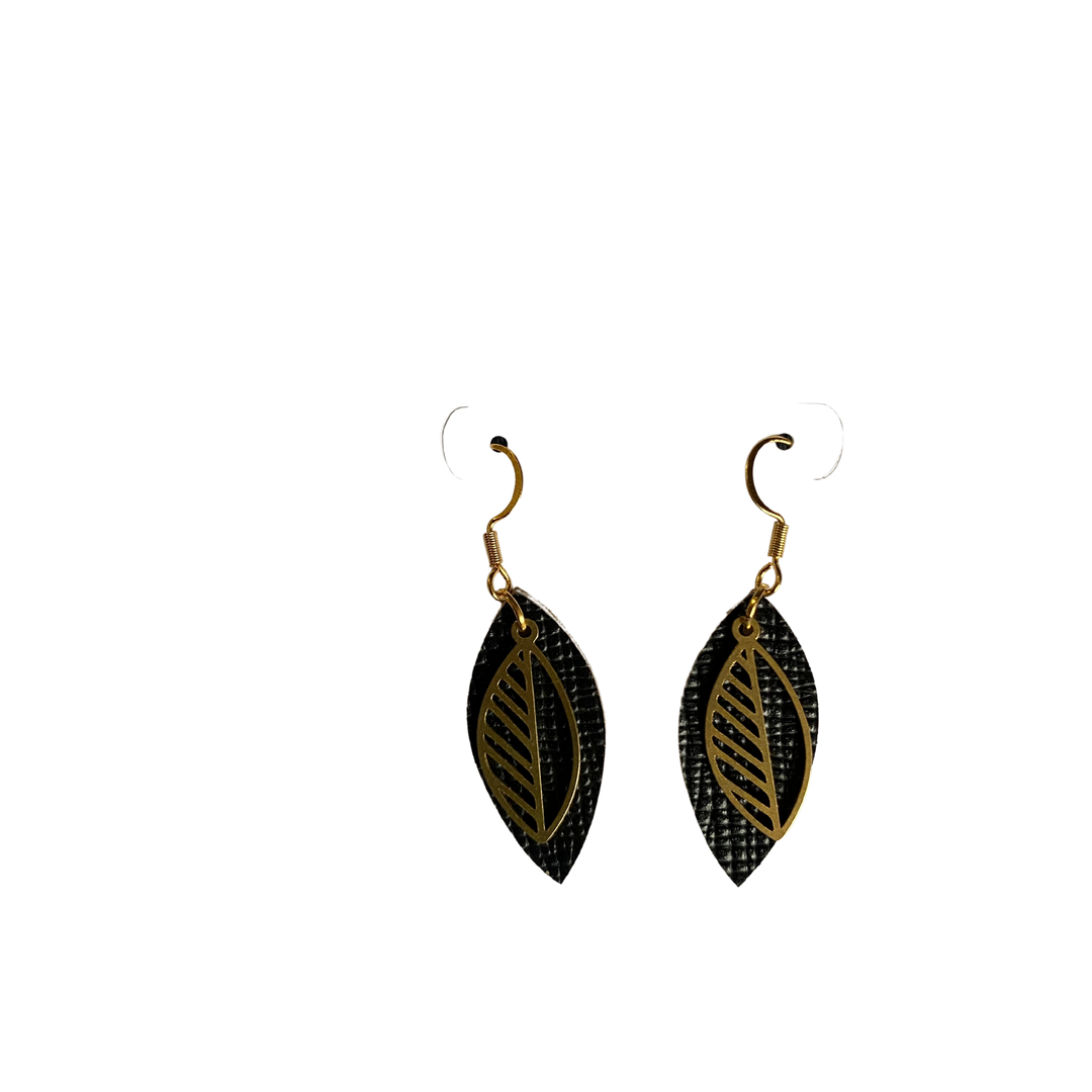 Small Leaf Leather and Brass Earrings