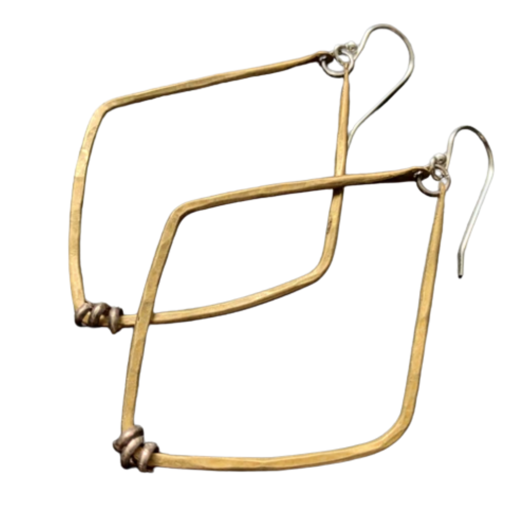 Medium Brass Diamond Shape Hoop Earrings with Silver Heishi
