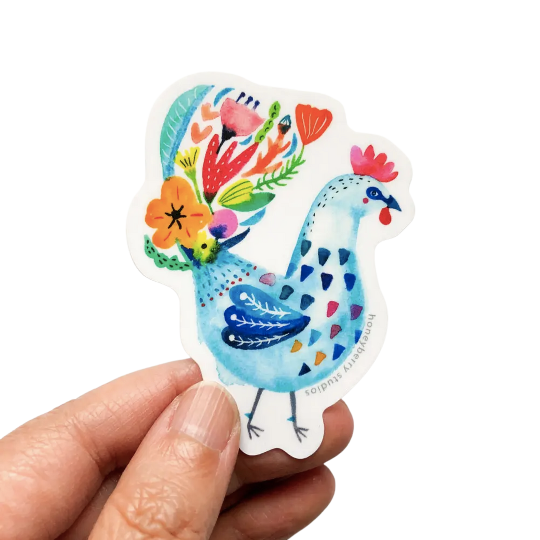 Blue Flower Rooster Vinyl Sticker