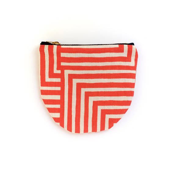 Poppy Red Maze Small Round Pouch- Geometric Modern Zip Wallet