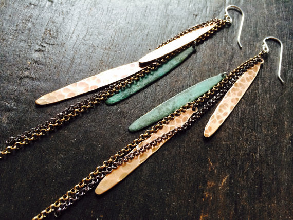 Feather Earrings - Verdigris + Brass