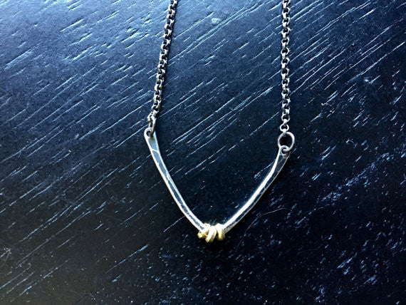 Forged Sterling V Necklace with Brass Heishi