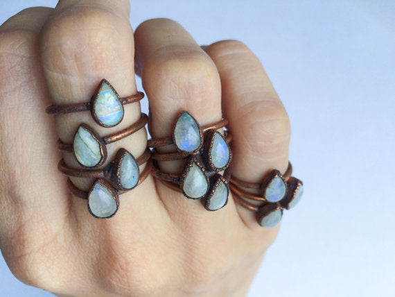 Rainbow Moonstone  Tear Drop Ring