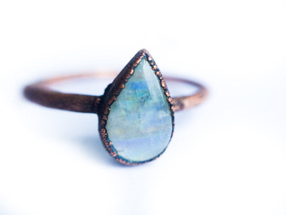 Rainbow Moonstone  Tear Drop Ring