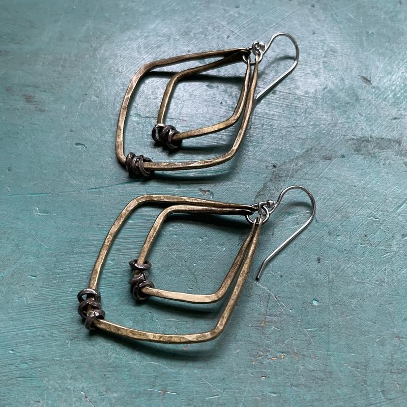 Small Brass Diamond Shape Double Hoops with Silver Heishi