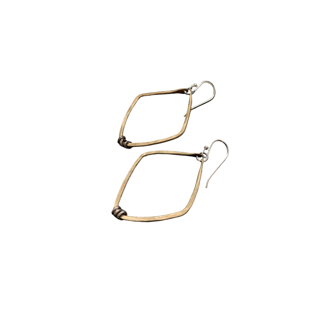 Brass Diamond Shape Hoop Earrings with Silver Heishi - Small