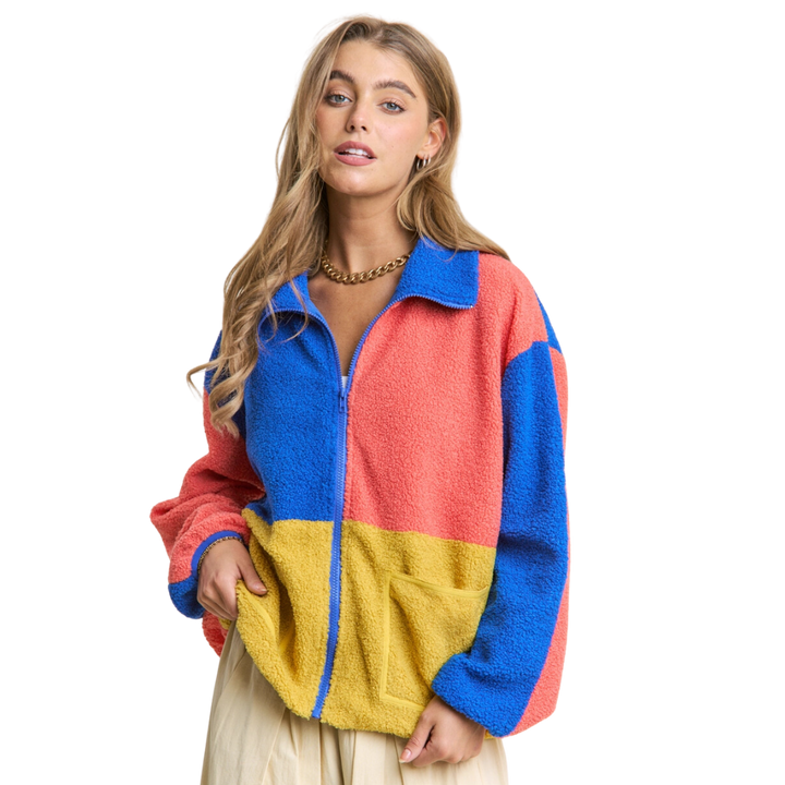 Sherpa Color-Block Collard Zipper Jacket