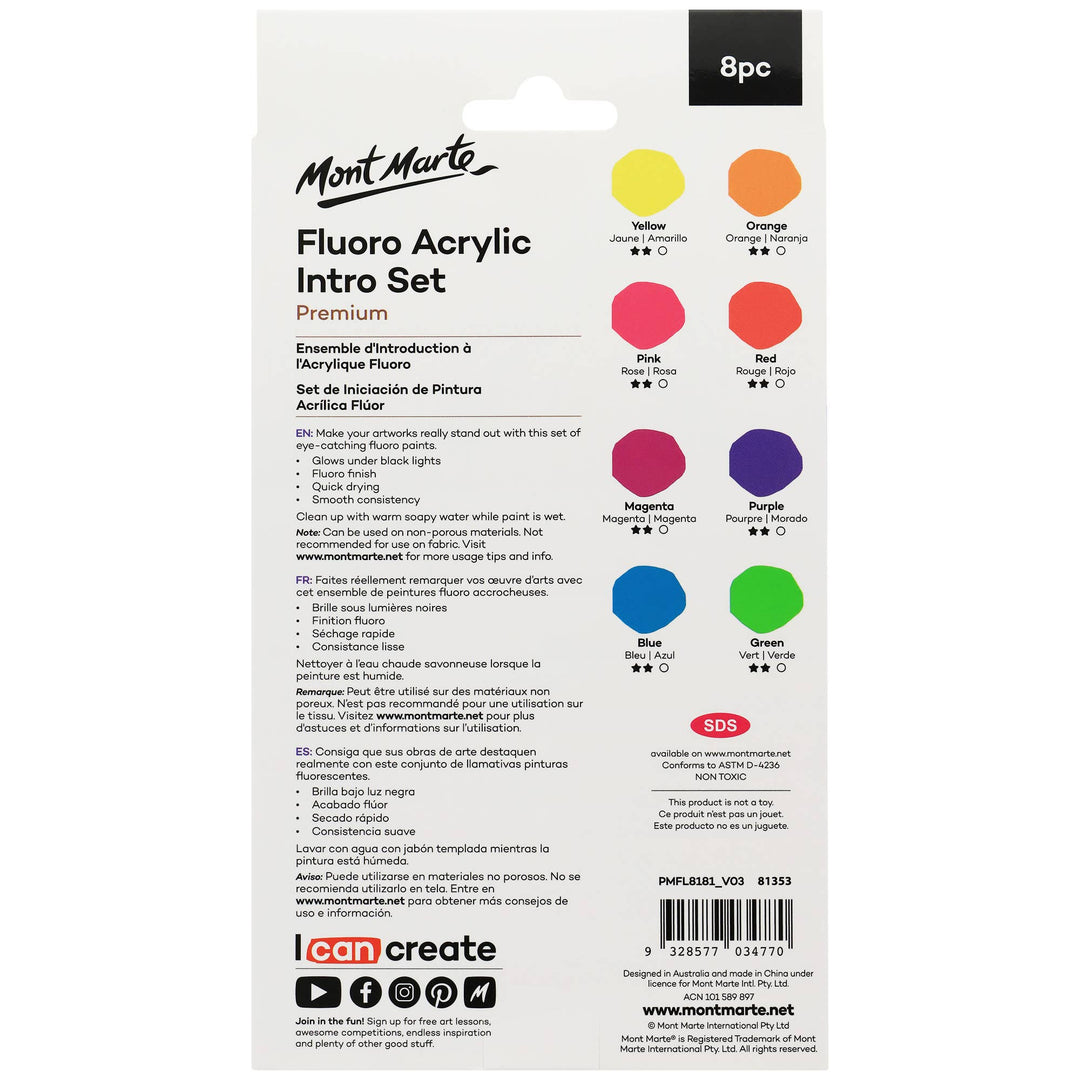 Fluro Acrylic Paint Intro Set Premium 8pc x 18ml