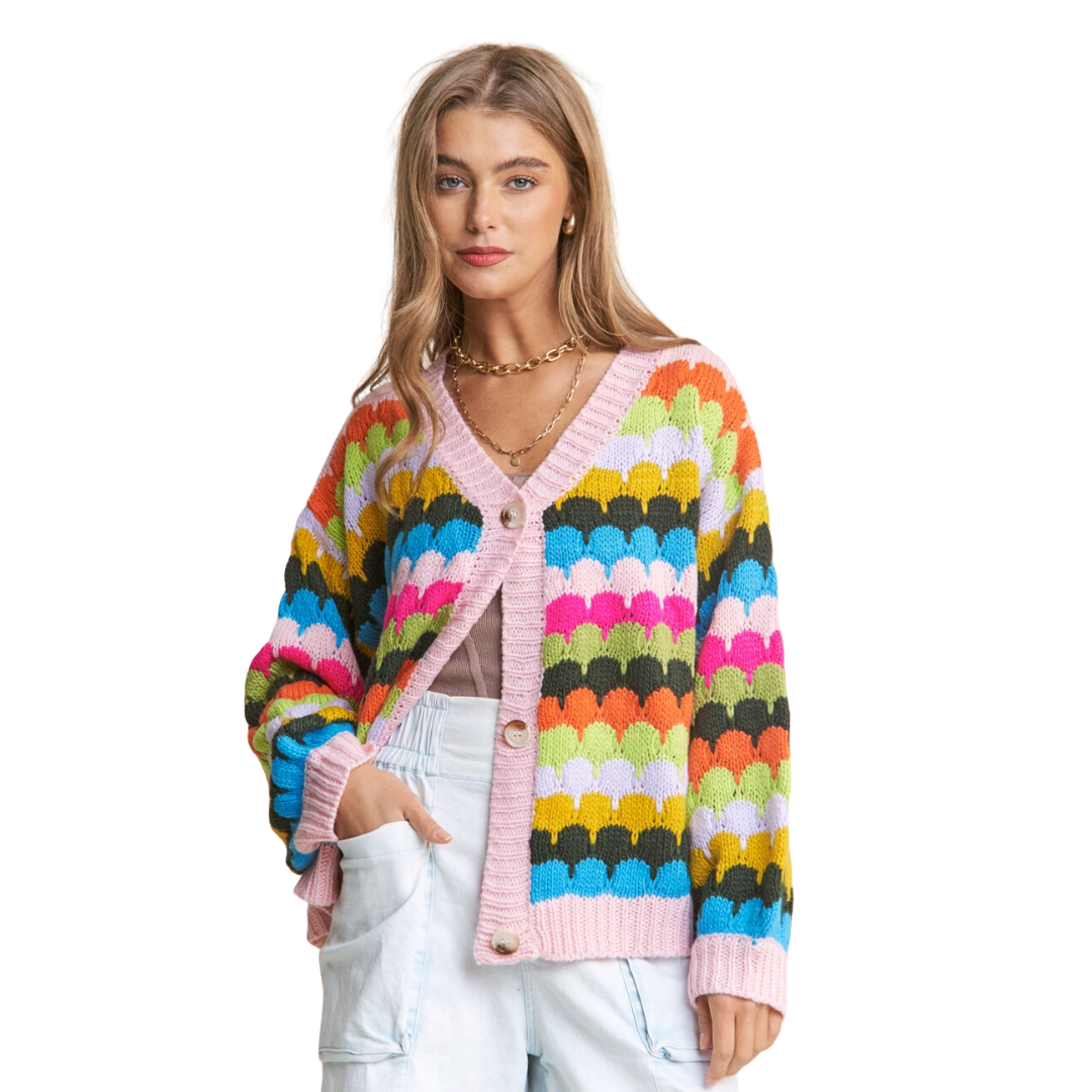 Fish Scales Multicolor Design Knit Cardigan