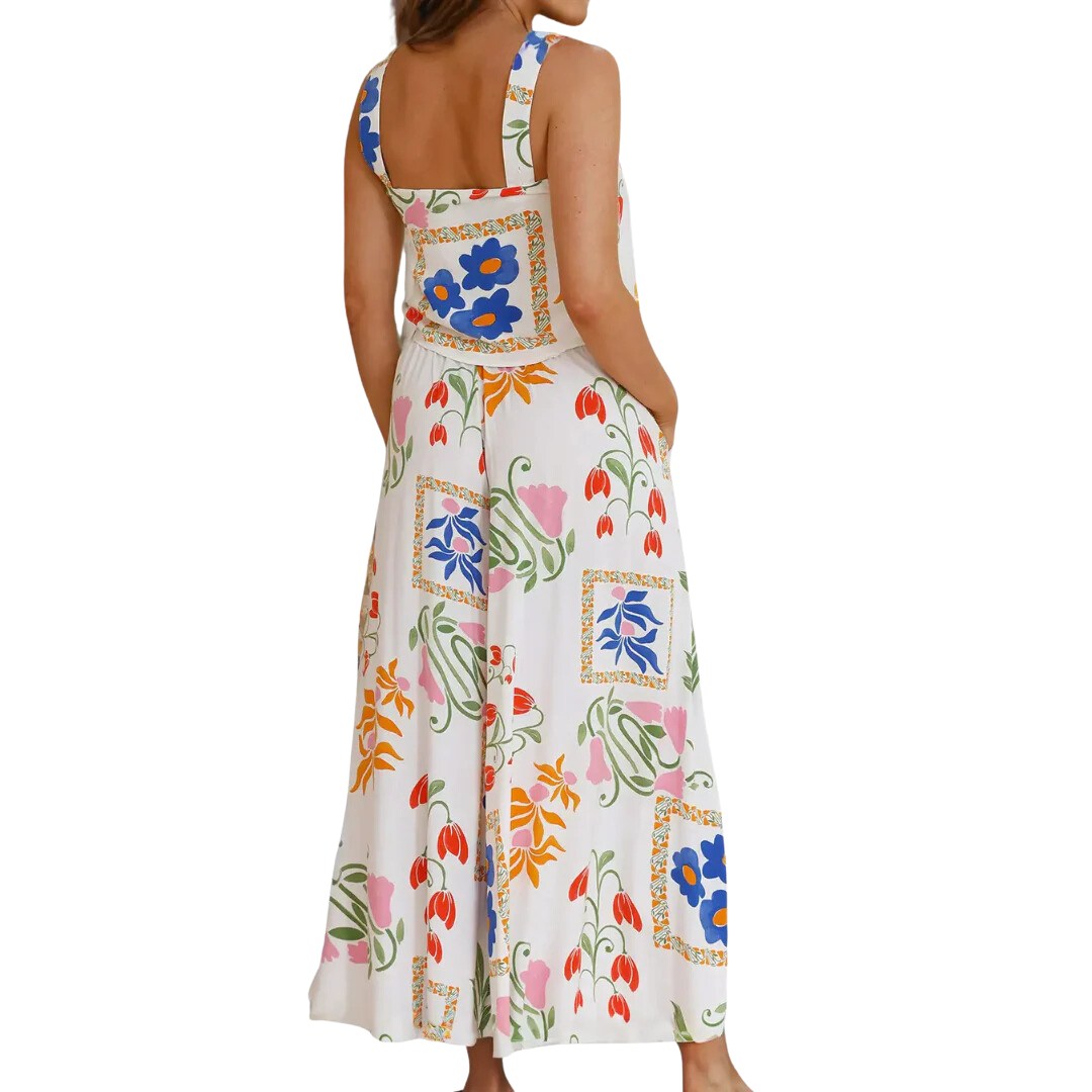 Square Neck Tank and Wide Leg Pants Floral Set