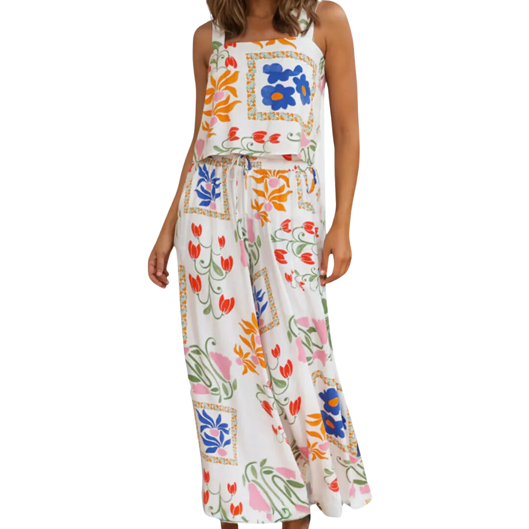 Square Neck Tank and Wide Leg Pants Floral Set